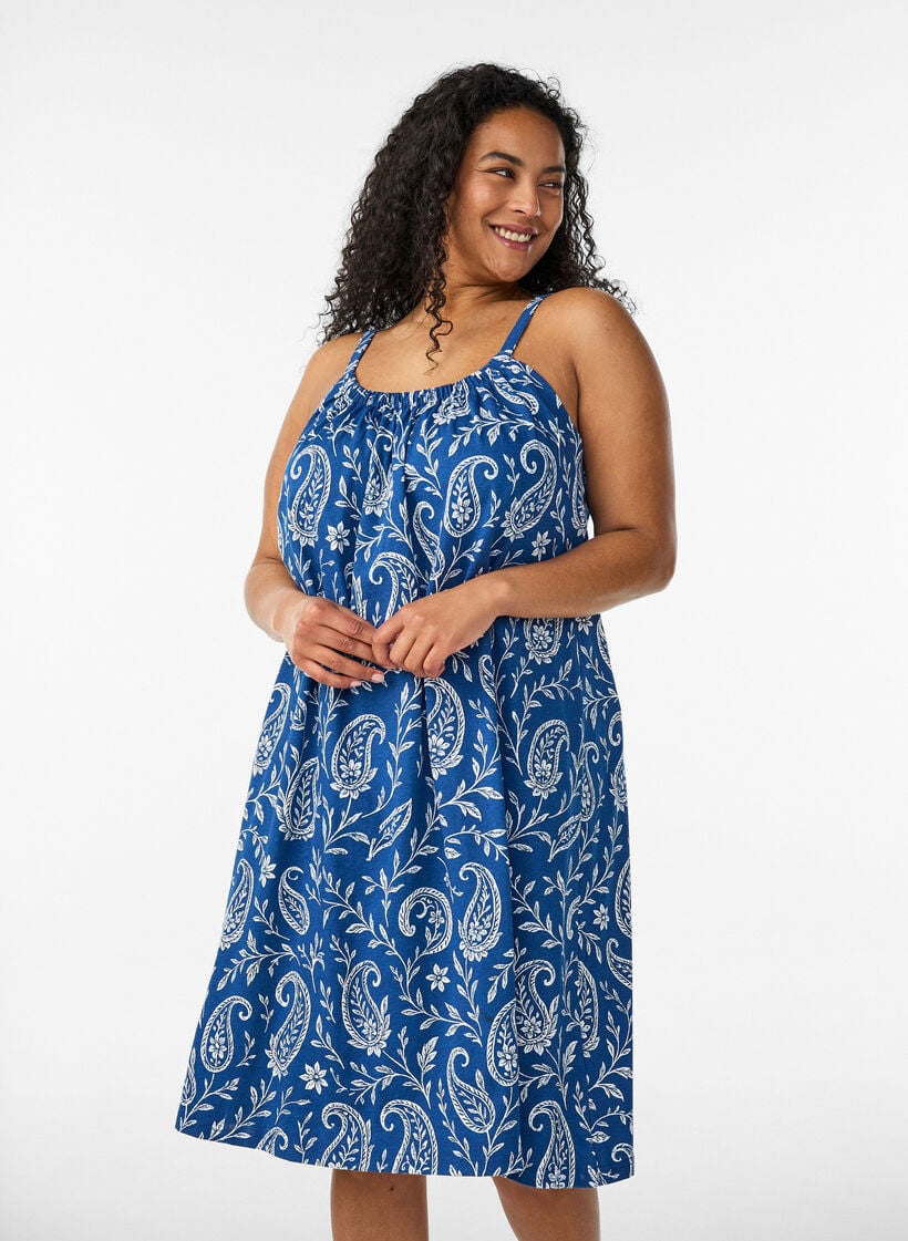 Robe &agrave; bretelles midi en coton bio, Bleu, Model image number 0