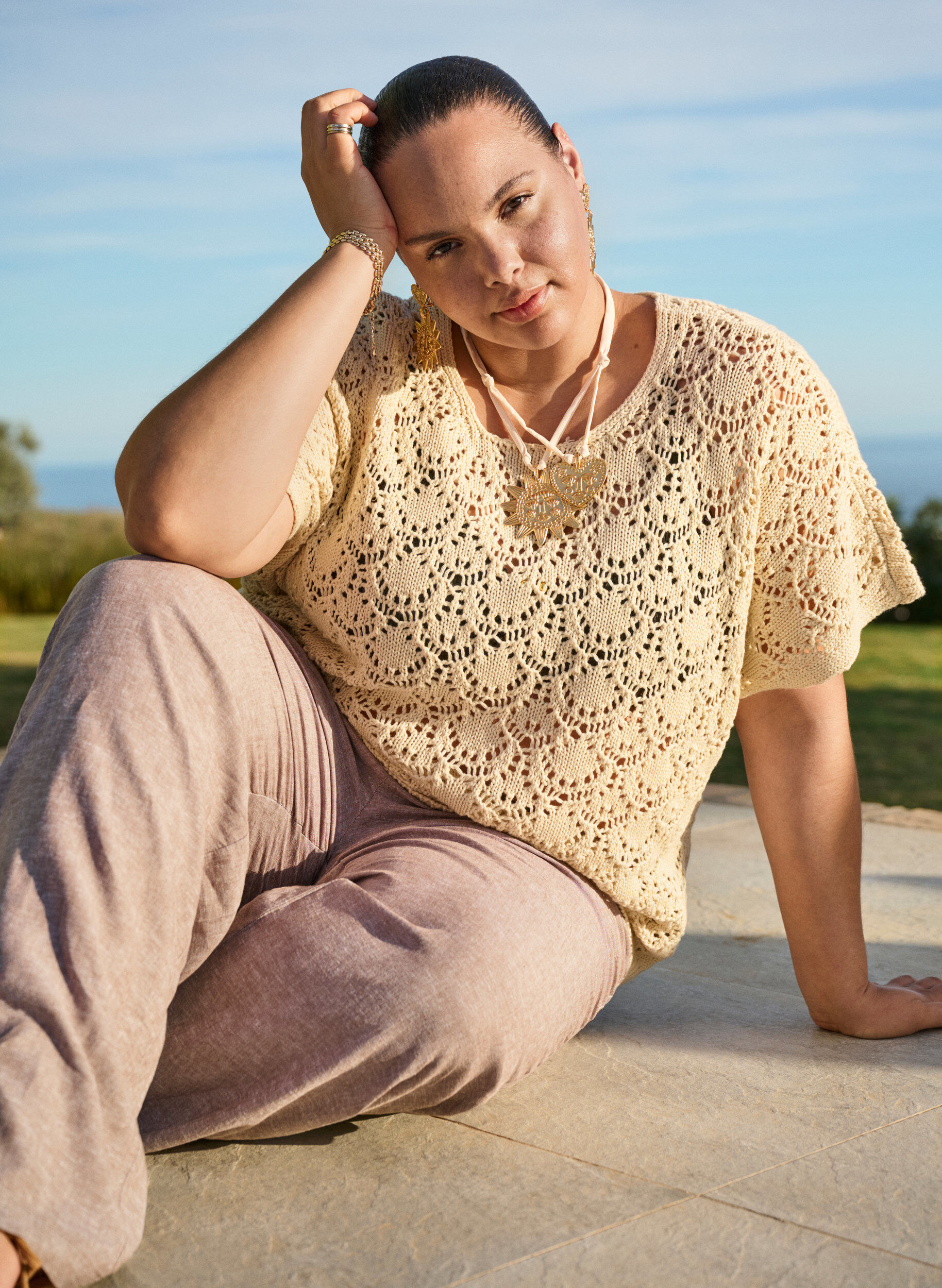 ZizziGebreide blouse met korte vleermuismouwen, Beige, Image image number 0