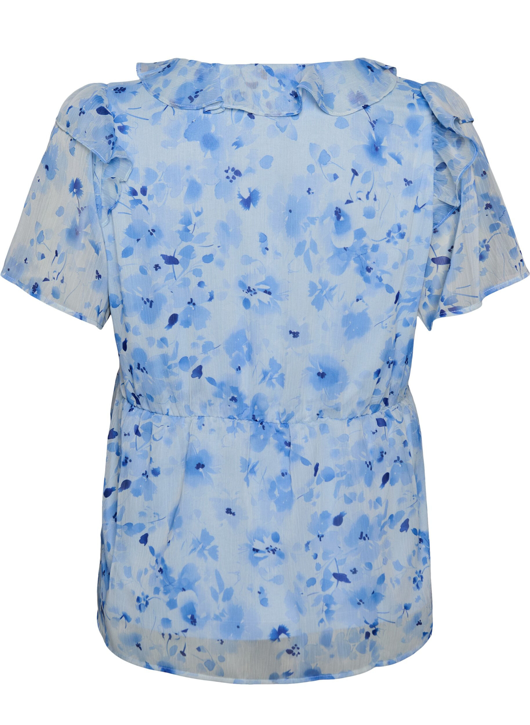 ZizziBloemenblouse met rucheskraag en peplum effect, Blauw, Packshot image number 1