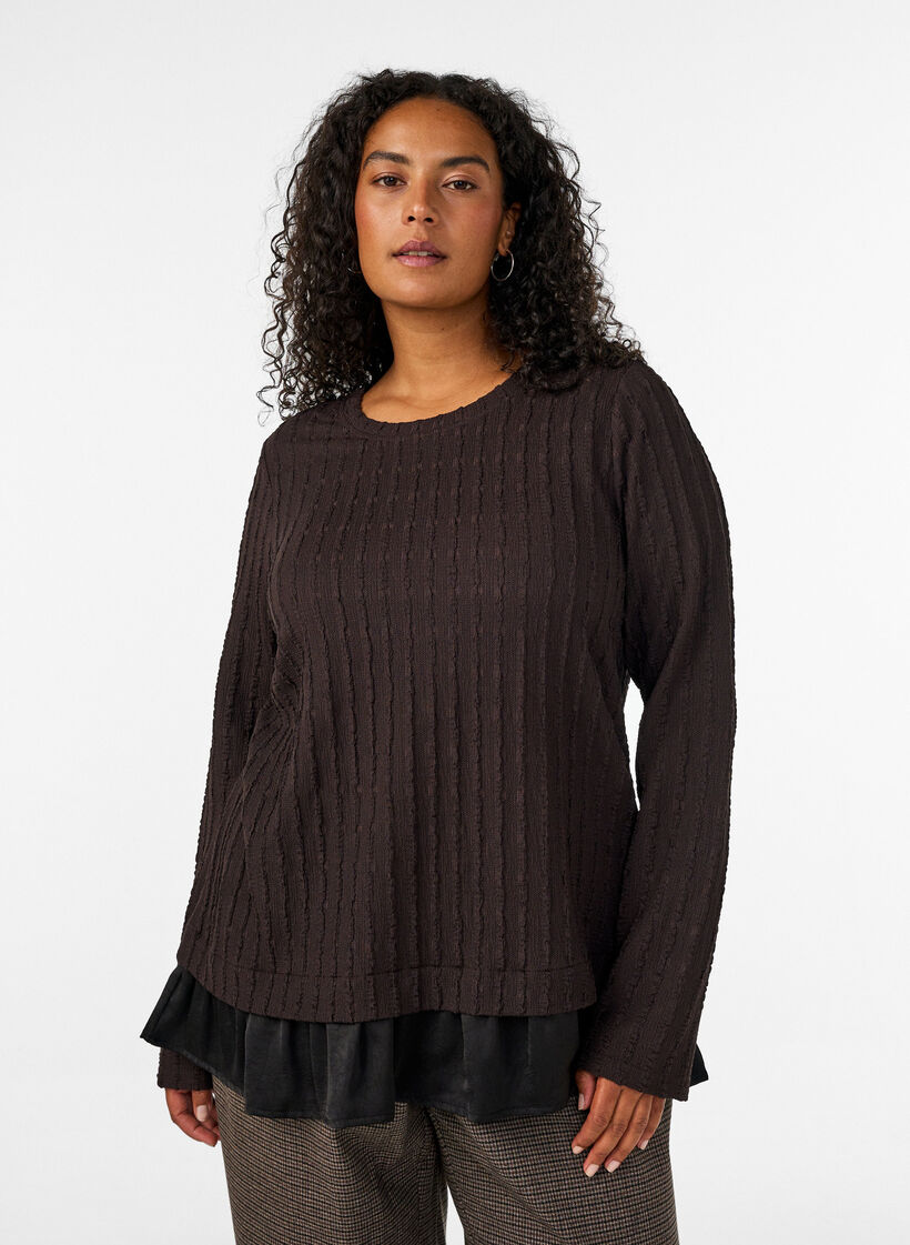 Blouse met structuur en volantzoom, Bruin, Model image number 0