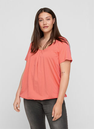 T-shirt met korte mouwen, ronde hals en kanten rand, Living Coral, Model image number 0
