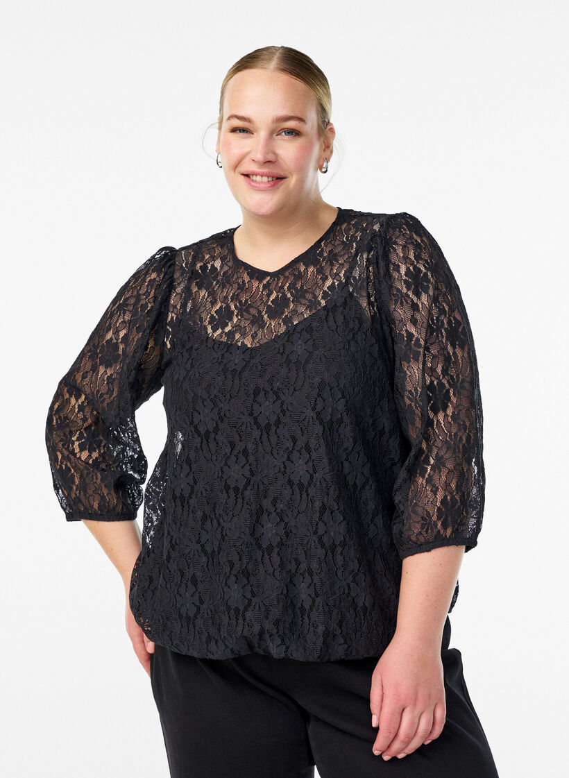Blouse en dentelle avec manches 3/4, Noir, Model image number 0