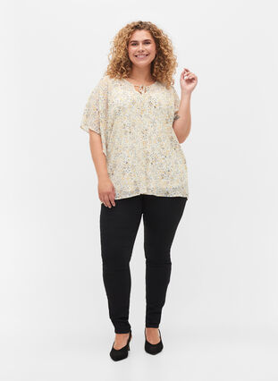 Bedrukte blouse met strikkoord en korte mouwen, Icicle Flower AOP, Model image number 2