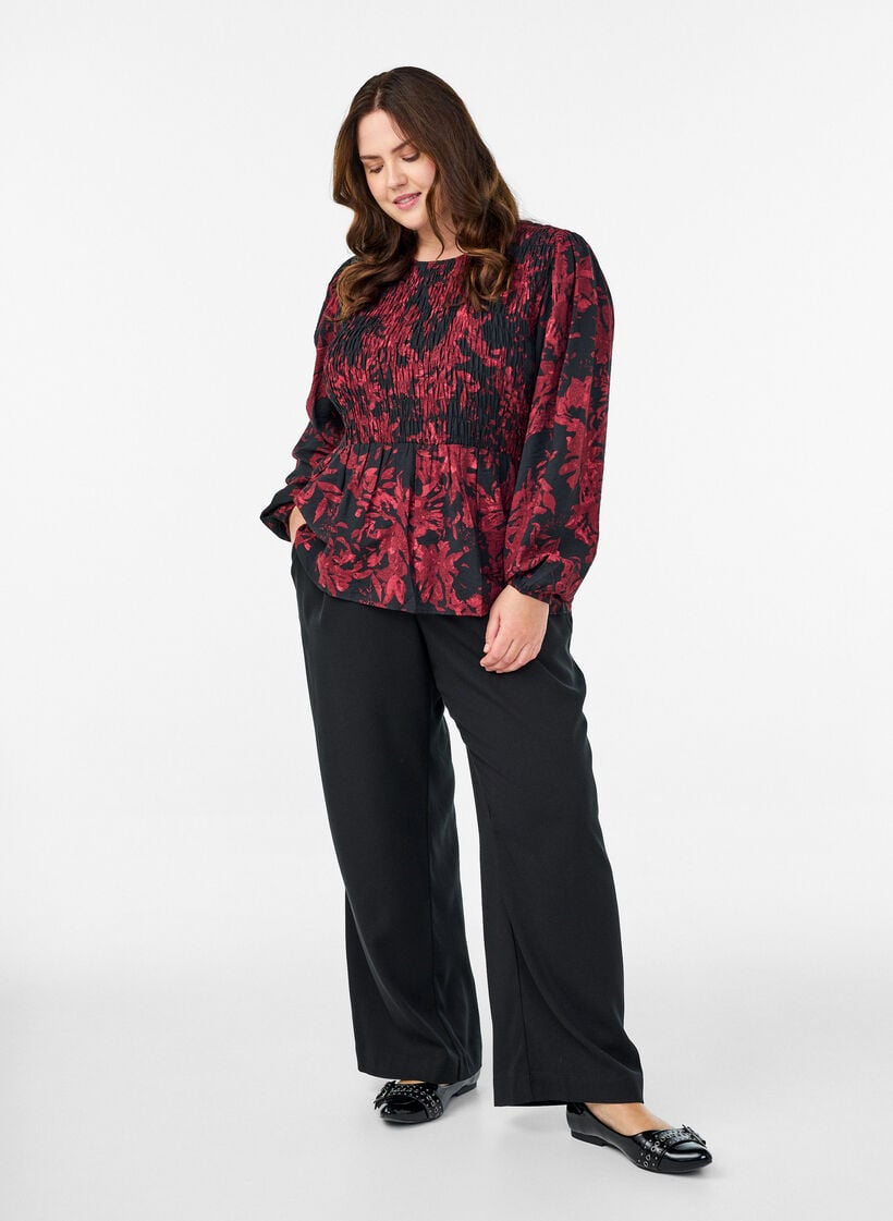 Blouse met smock en lange mouwen, Zwart, Model image number 1