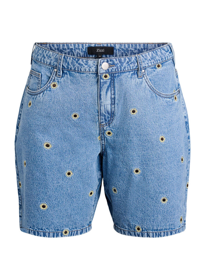 Shorts en jean avec des fleurs brodées, Bleu Clair, Packshot image number 0