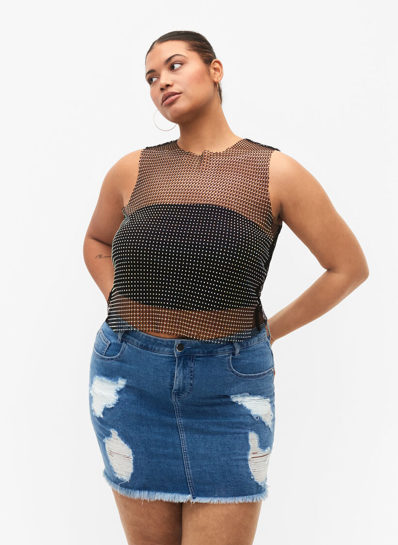 Strakke denimrok met split, Blue denim, Model image number 0