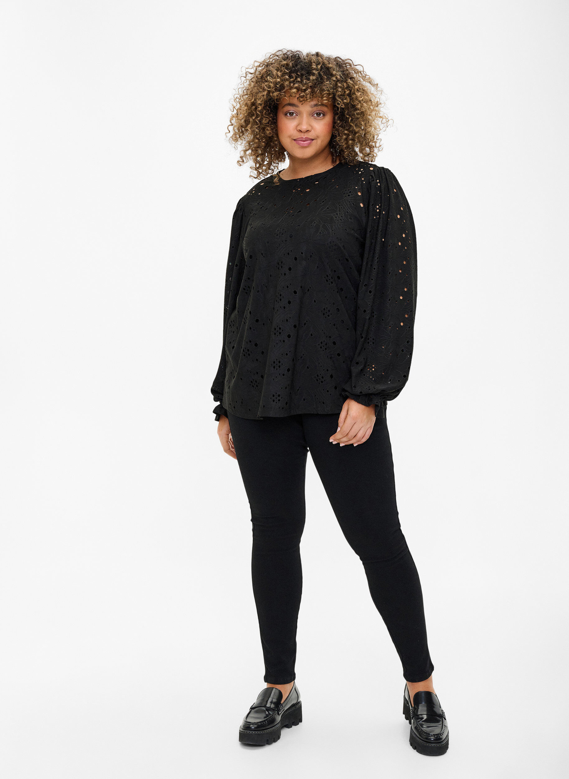 ZizziBlouse met lange mouwen en gaatjespatroon, Black, Model image number 2