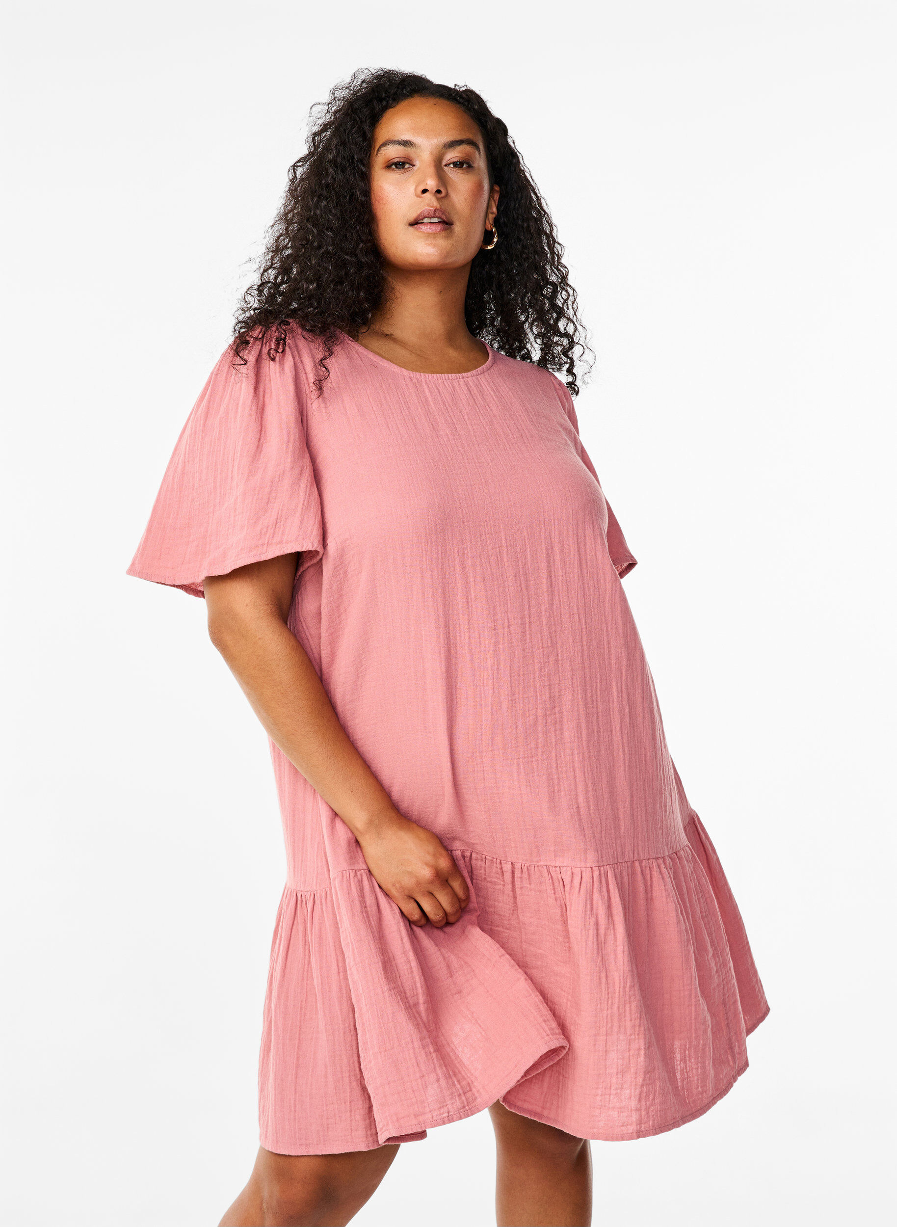 Zizzi Robe &agrave; manches courtes en coton &agrave; une coupe &eacute;vas&eacute;e., Old Rose, Model image number 0