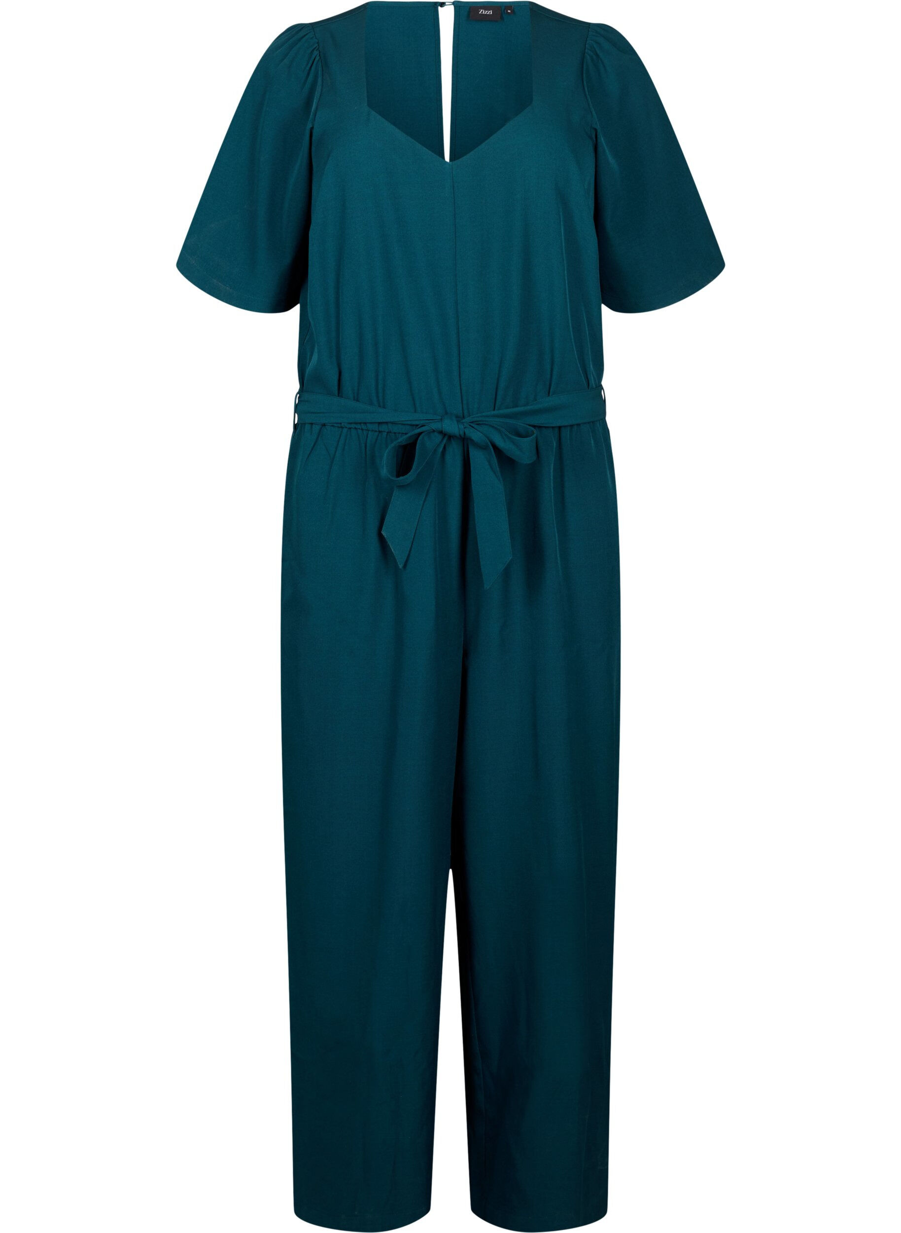 ZizziJumpsuit met riem en korte mouwen, Sea Moss Melange, Packshot image number 0