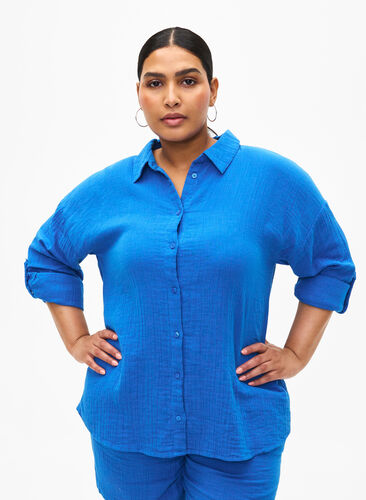 Chemise avec col en mousseline de coton, Victoria blue, Model image number 0