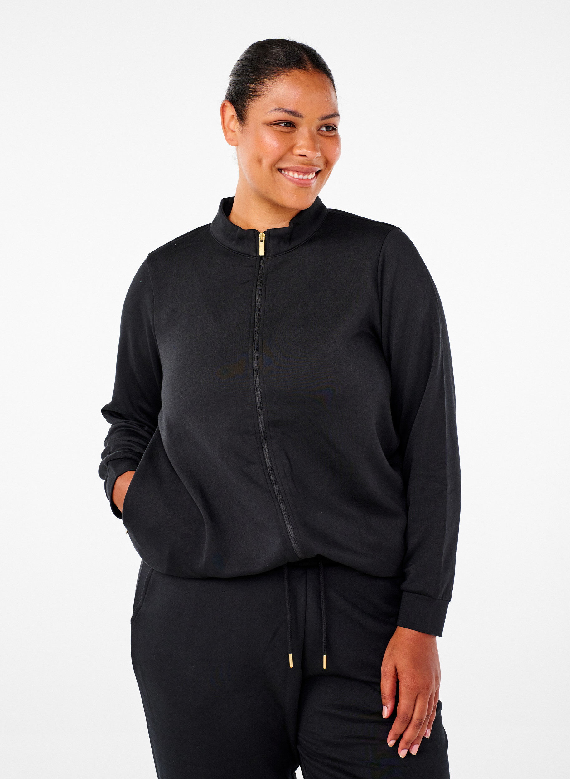 ZizziSportieve cardigan met ritssluiting en zakken., Black, Model image number 0