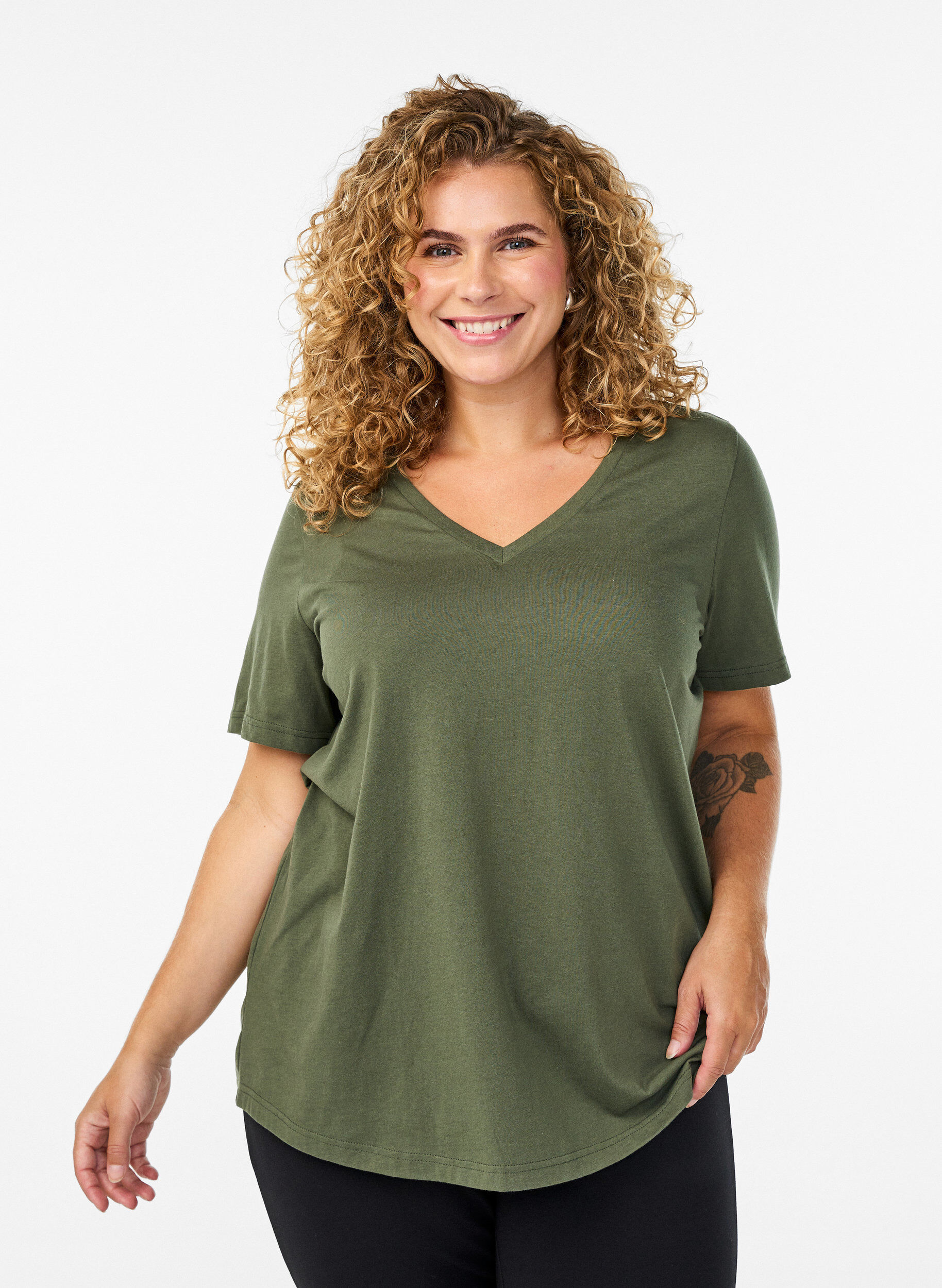 T-shirt met korte mouwen en v-hals, Groen, Model