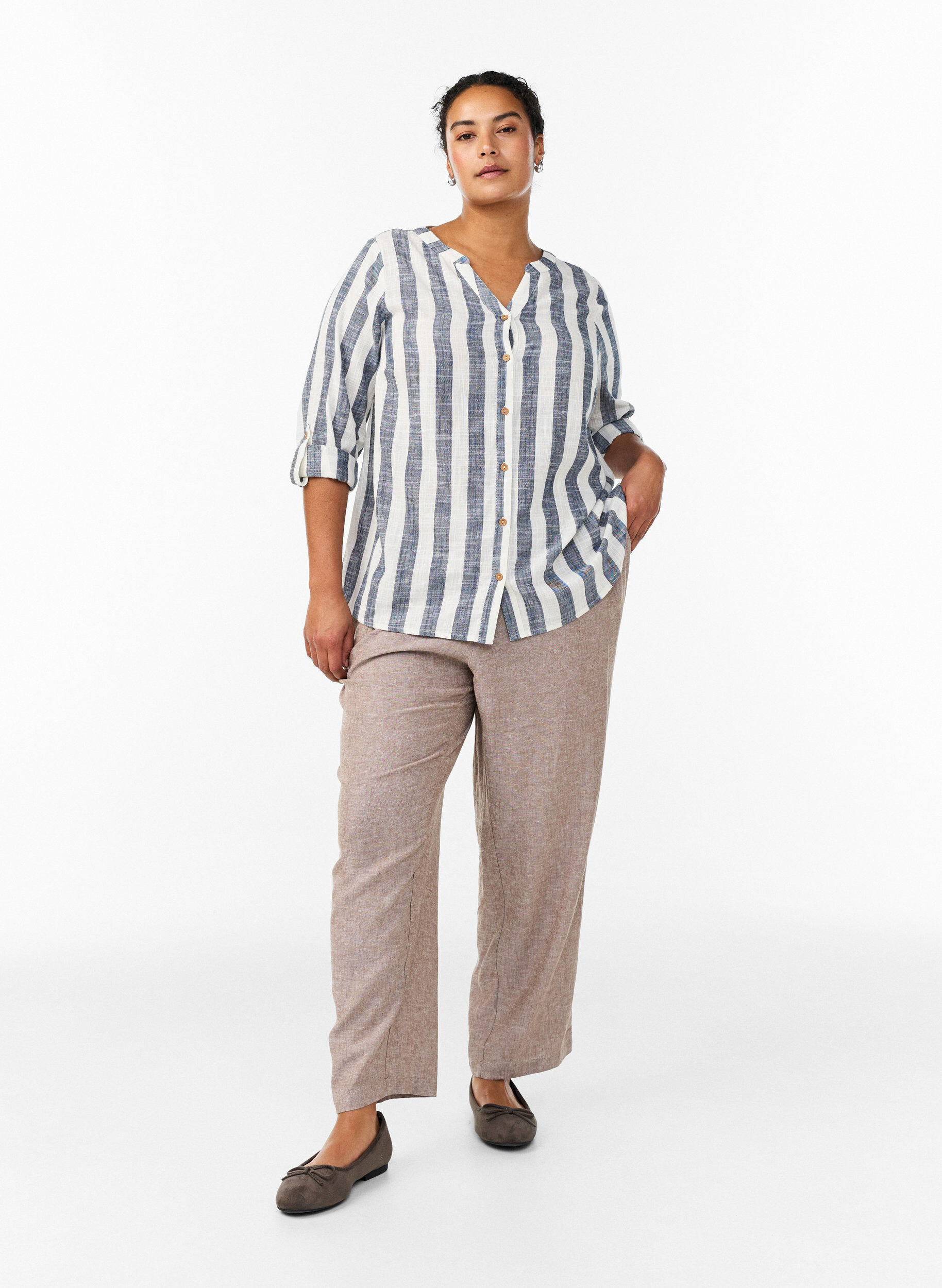 ZizziKatoenen blouse met V-hals, Blauw, Model image number 1