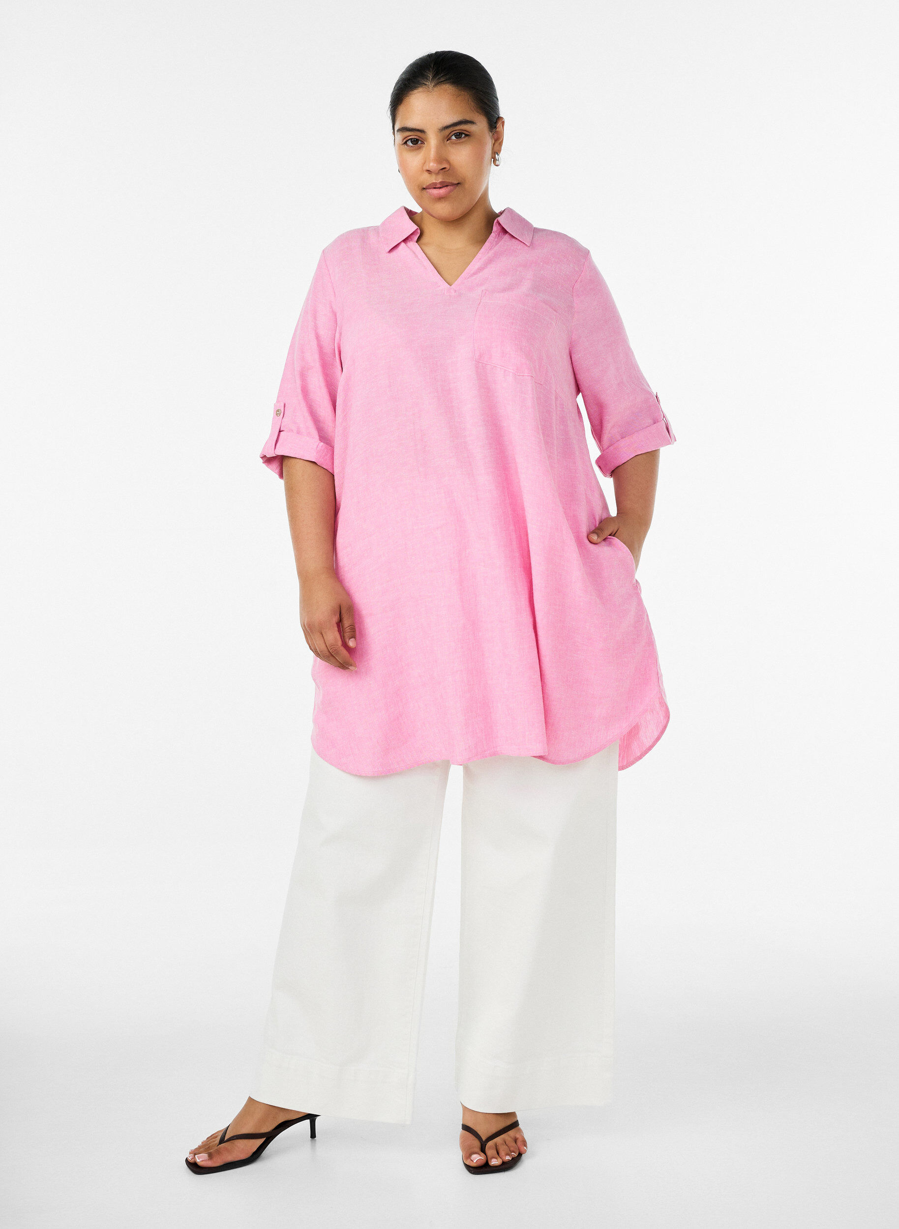 ZizziTunique coupe trap&egrave;ze en lin et viscose, Rose, Model image number 1