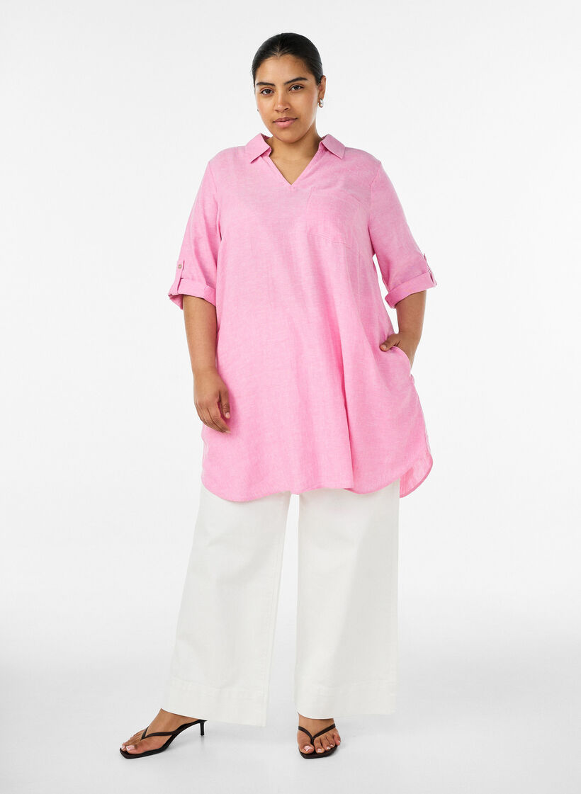 Tunique coupe trap&egrave;ze en lin et viscose, Rose, Model image number 1