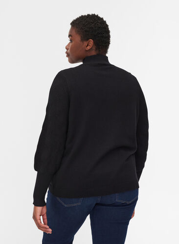 Blouse en tricot à col montant et manches bouffantes, Black, Model image number 1