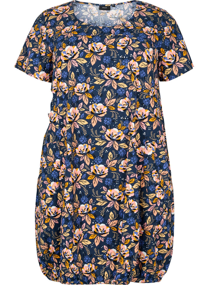 Robe en coton imprimé à manches courtes, Blue Orange Flower, Packshot image number 0