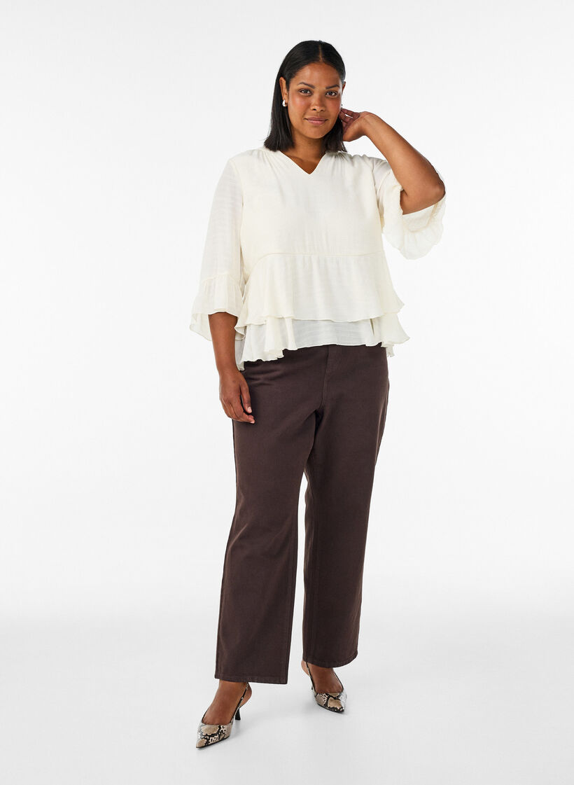 Blouse met 3/4-mouwen en ruchesdetails, Vanille, Model image number 1