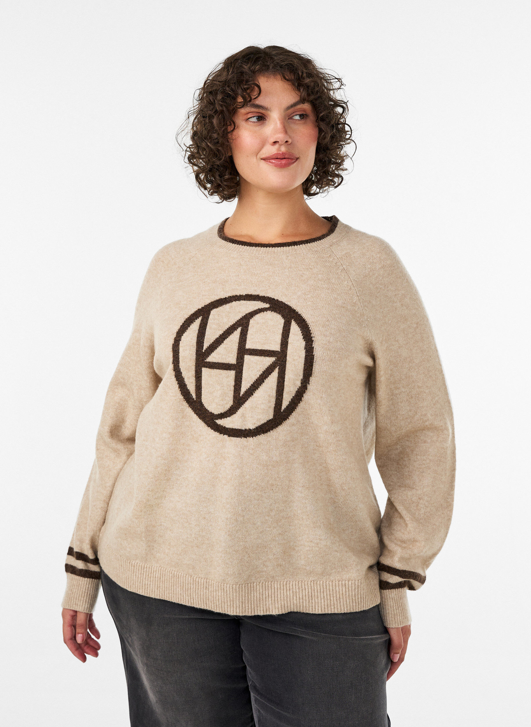 ZizziPull avec logo et rayures contrastantes, Beige, Model image number 0