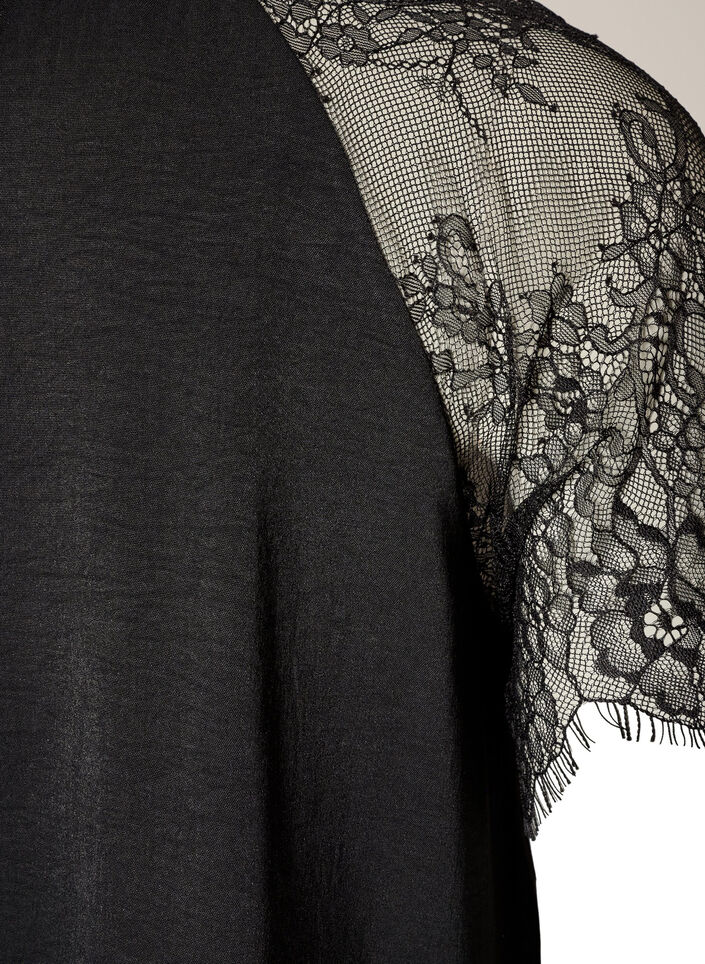 Blouse &agrave; col montant avec manches courtes en dentelle, Noir, Packshot image number 3