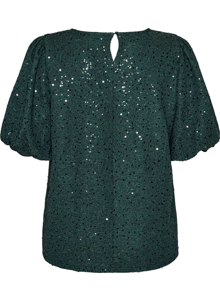Blouse &agrave; sequins avec manches ballon, Vert fonc&eacute;, Packshot image number 1