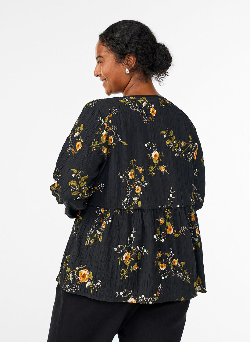 Blouse met lange mouwen en bloemenprint, Zwart, Model image number 2