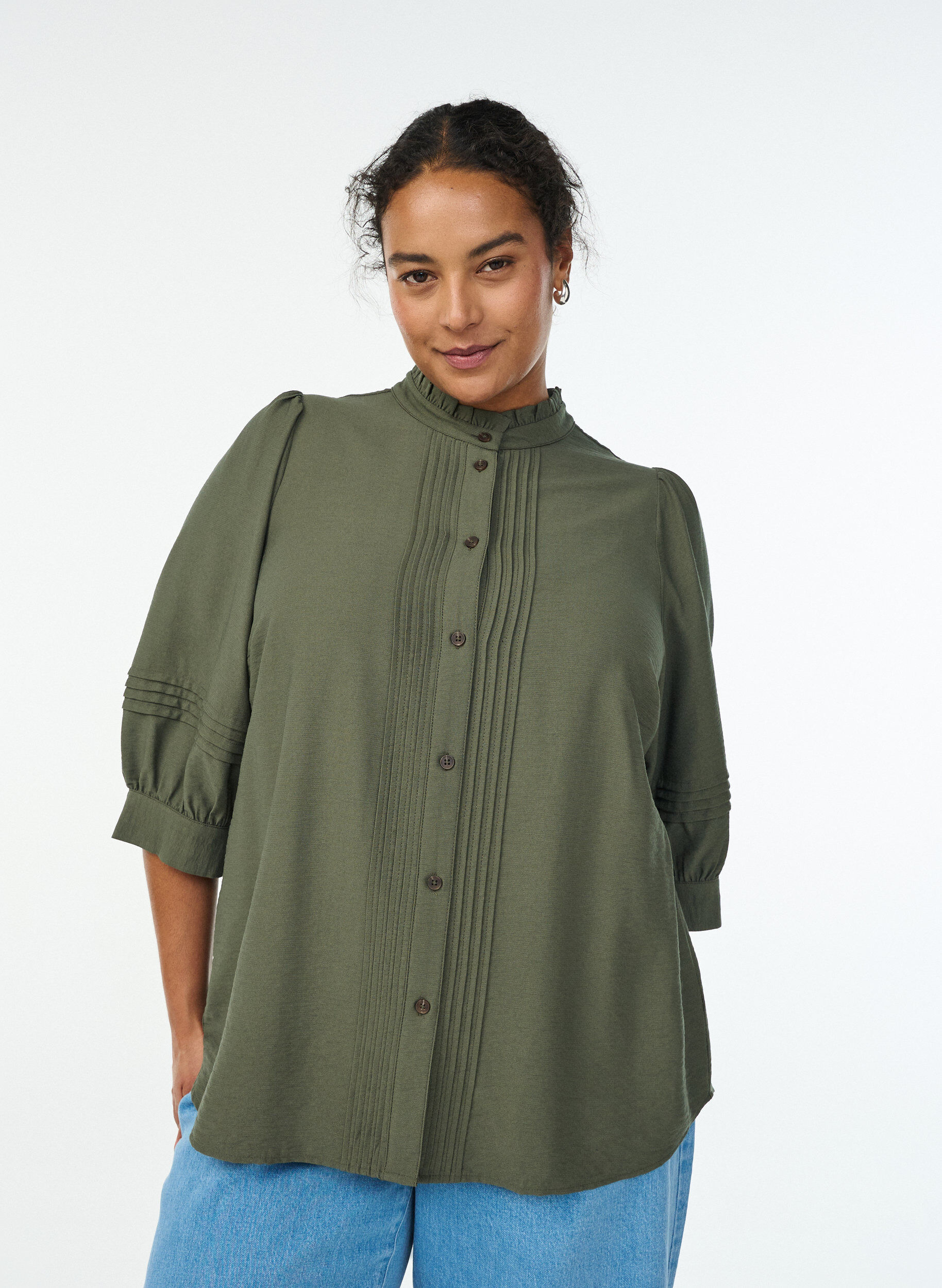 Blouse avec manches 3/4 et plis d&eacute;coratifs, Vert, Model