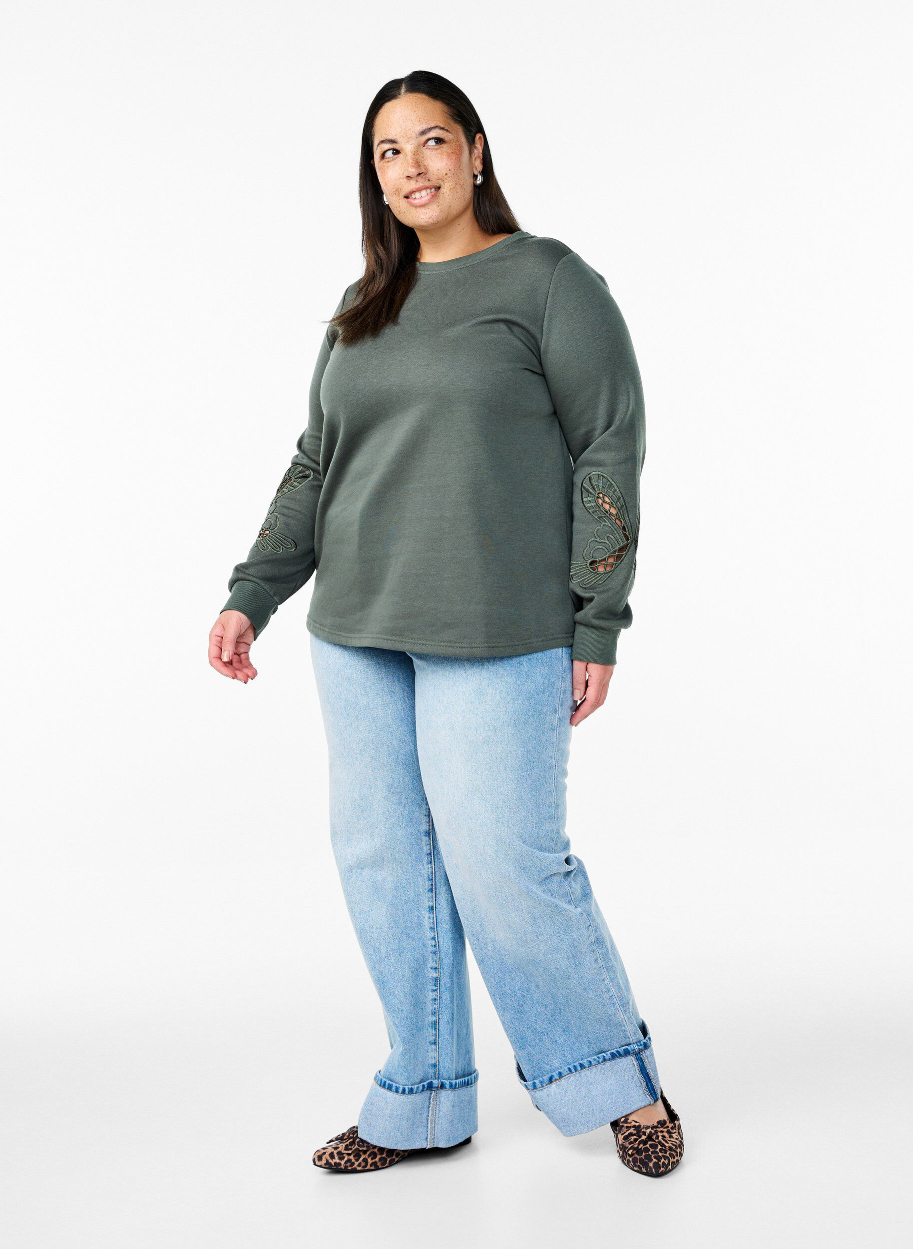 ZizziSweatshirt met geborduurde uitsneden, Thyme, Model image number 2