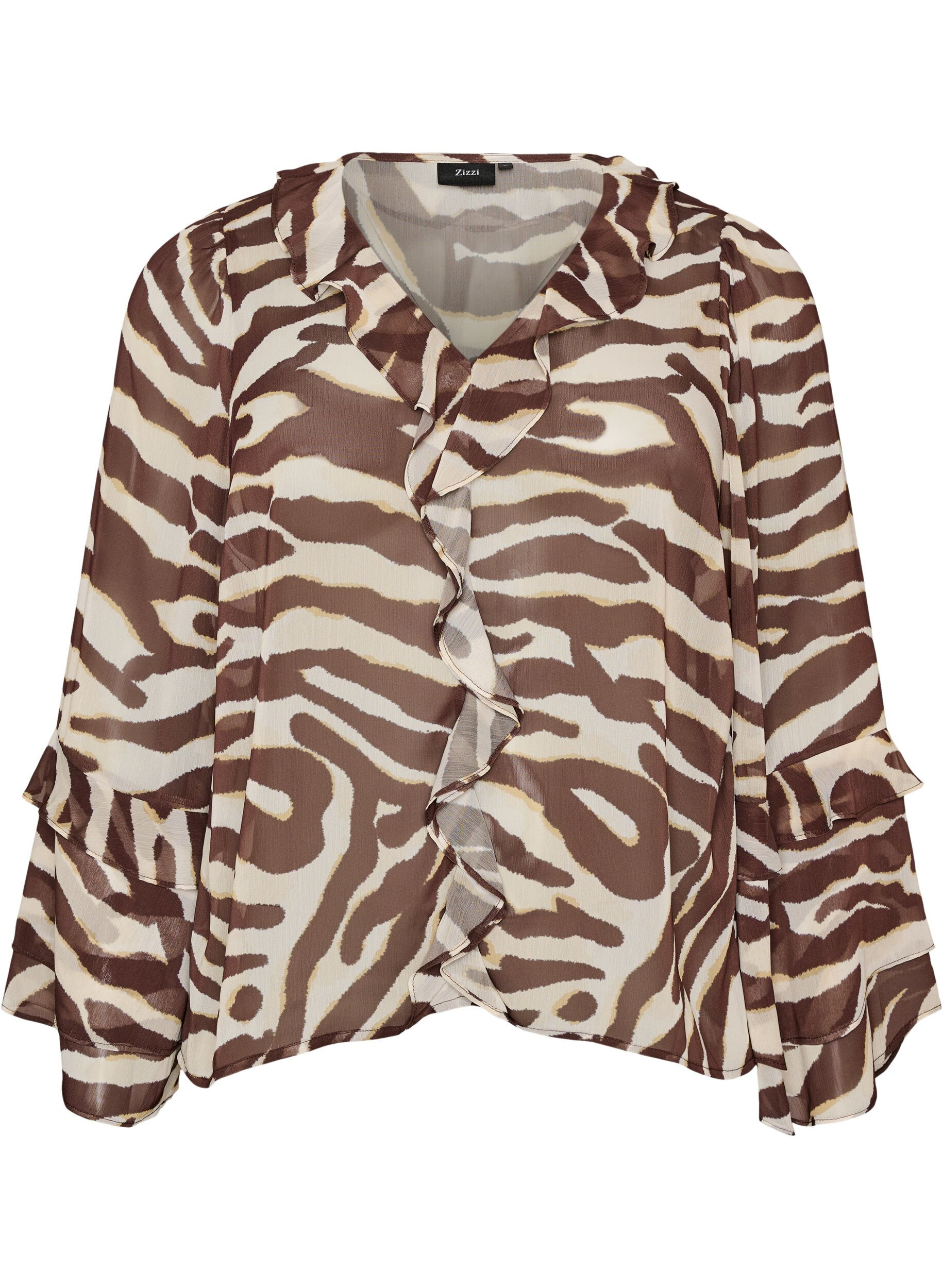 ZizziBlouse en mousseline avec imprim&eacute; z&egrave;bre et volants, Marron, Packshot image number 0