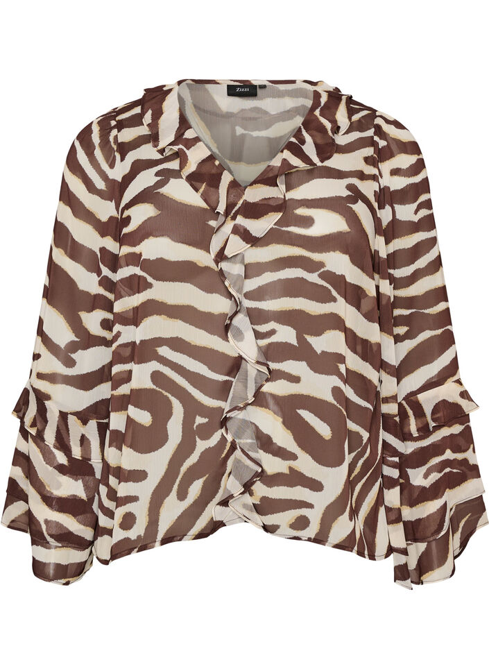 Blouse en mousseline avec imprim&eacute; z&egrave;bre et volants, Marron, Packshot image number 0