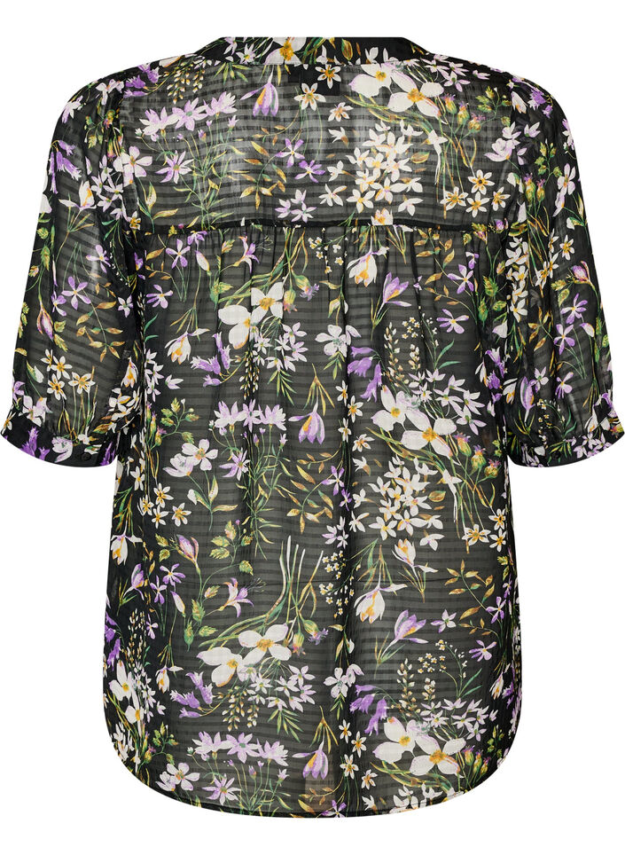 Blouse &agrave; imprim&eacute; floral et col V, Noir, Packshot image number 1