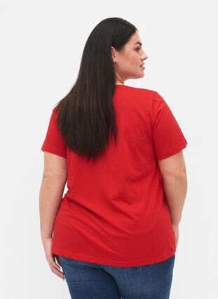 T-shirt en coton avec impression de texte et col en V, Tango Red ORI, Model image number 1