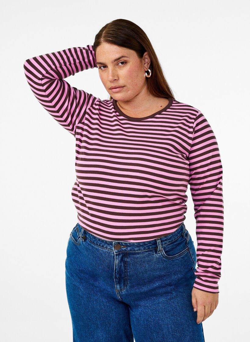 Gestreepte blouse met lange mouwen, Roze, Model image number 0