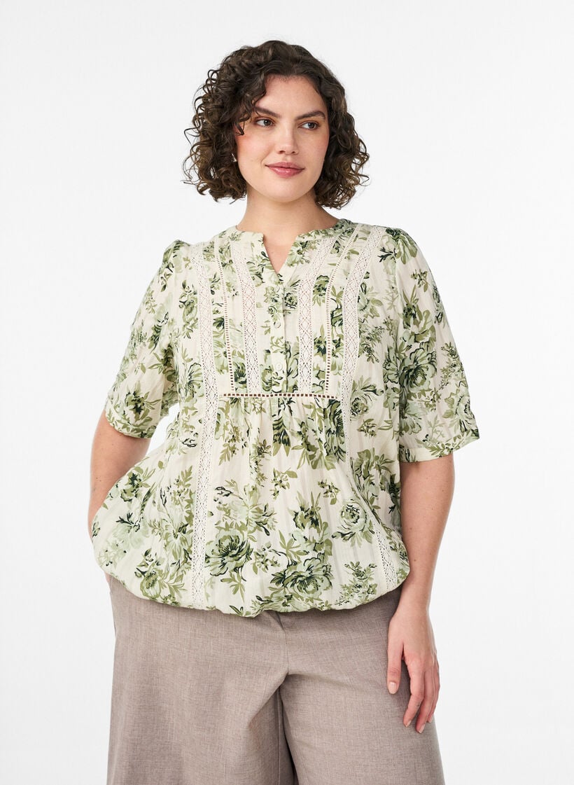 Blouse imprim&eacute;e &agrave; manches 1/2, Vert clair, Model image number 0