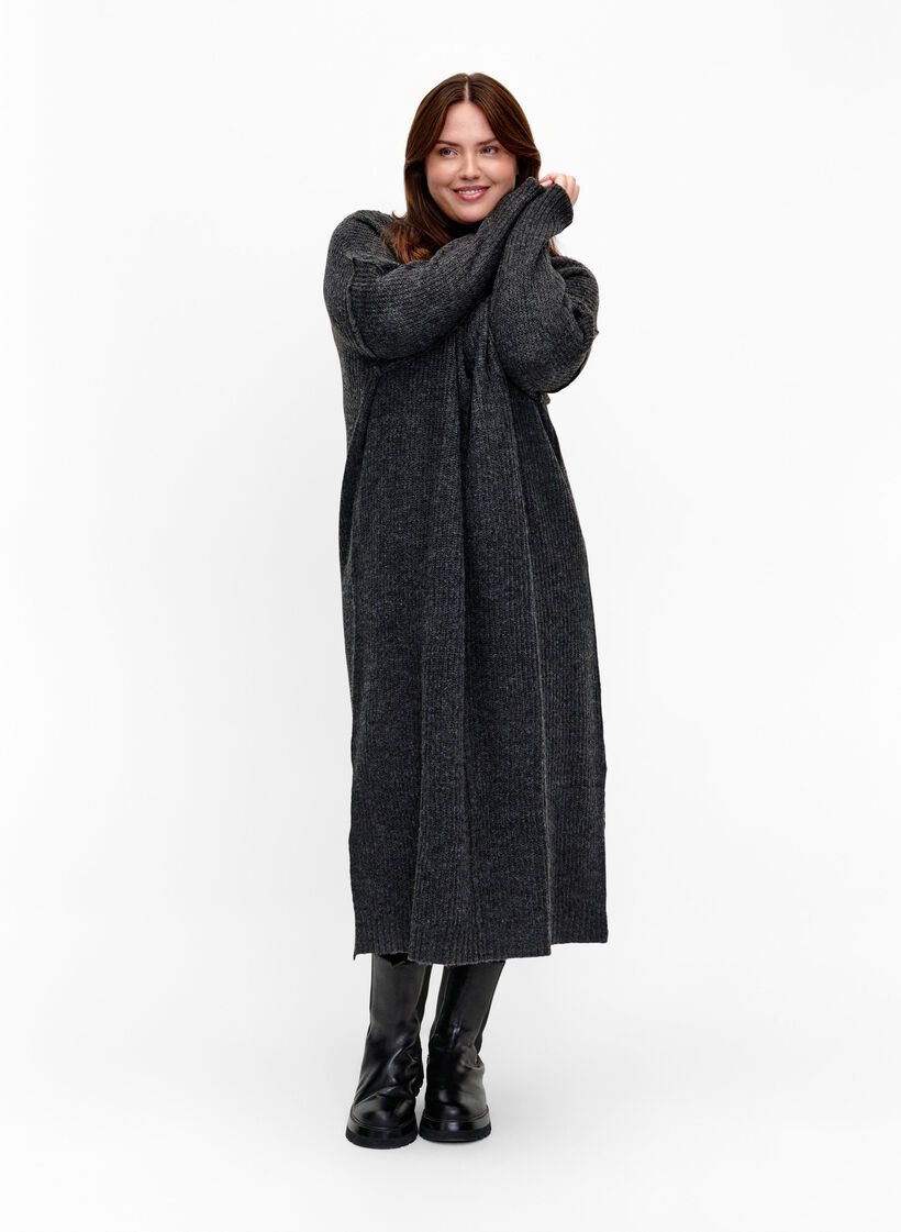 Robe longue oversize en tricot avec fente, Gris anthracite, Model image number 0