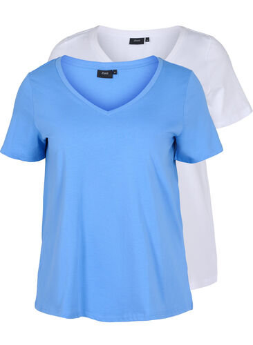 Set van 2 basic t-shirts in katoen, Ultramarine/White, Packshot image number 0