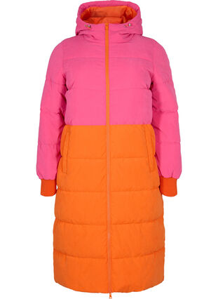 Lange winterjas met color-block, Pink W/Orange, Packshot image number 0
