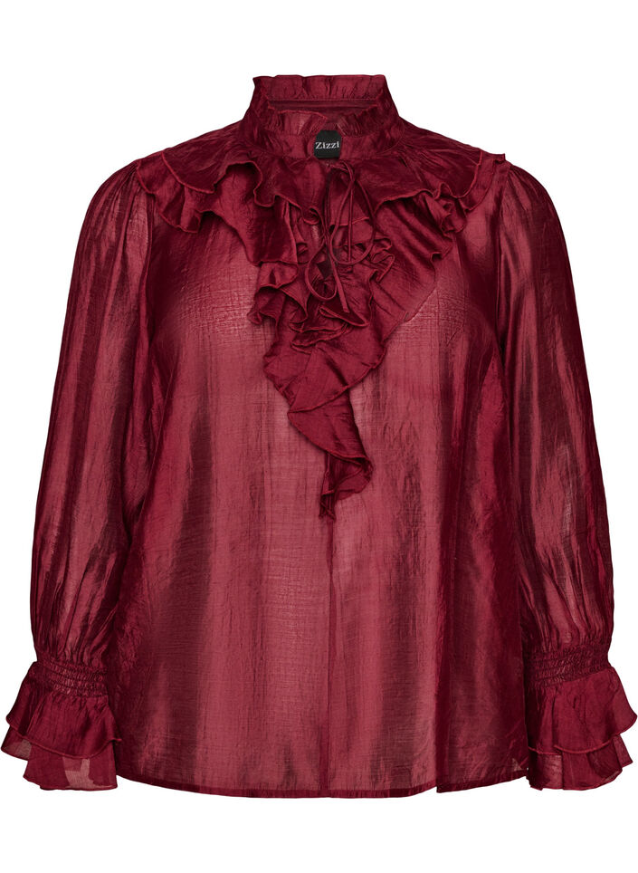 Viscose blouse met ruches en lange mouwen, Rood, Packshot image number 0