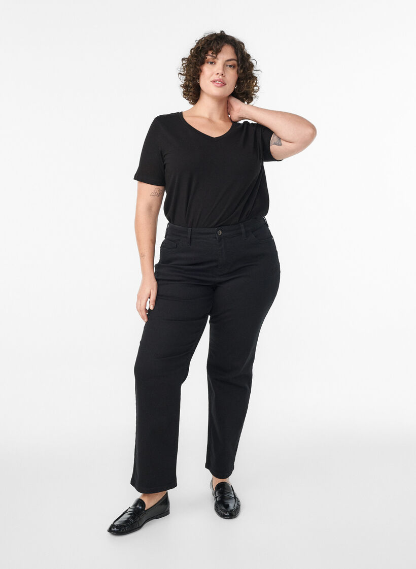 Basic t-shirt in effen kleur met katoen, Zwart, Model image number 1