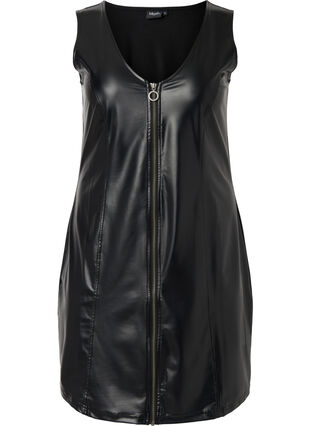 Kunstleren jurk met rits, Black, Packshot image number 0