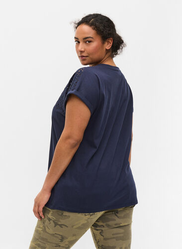 T-shirt en coton avec broderie anglaise, Navy Blazer, Model image number 1