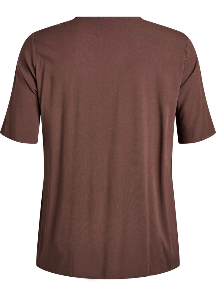 Geweven blouse met korte mouwen en ronde hals, Bruin, Packshot image number 1