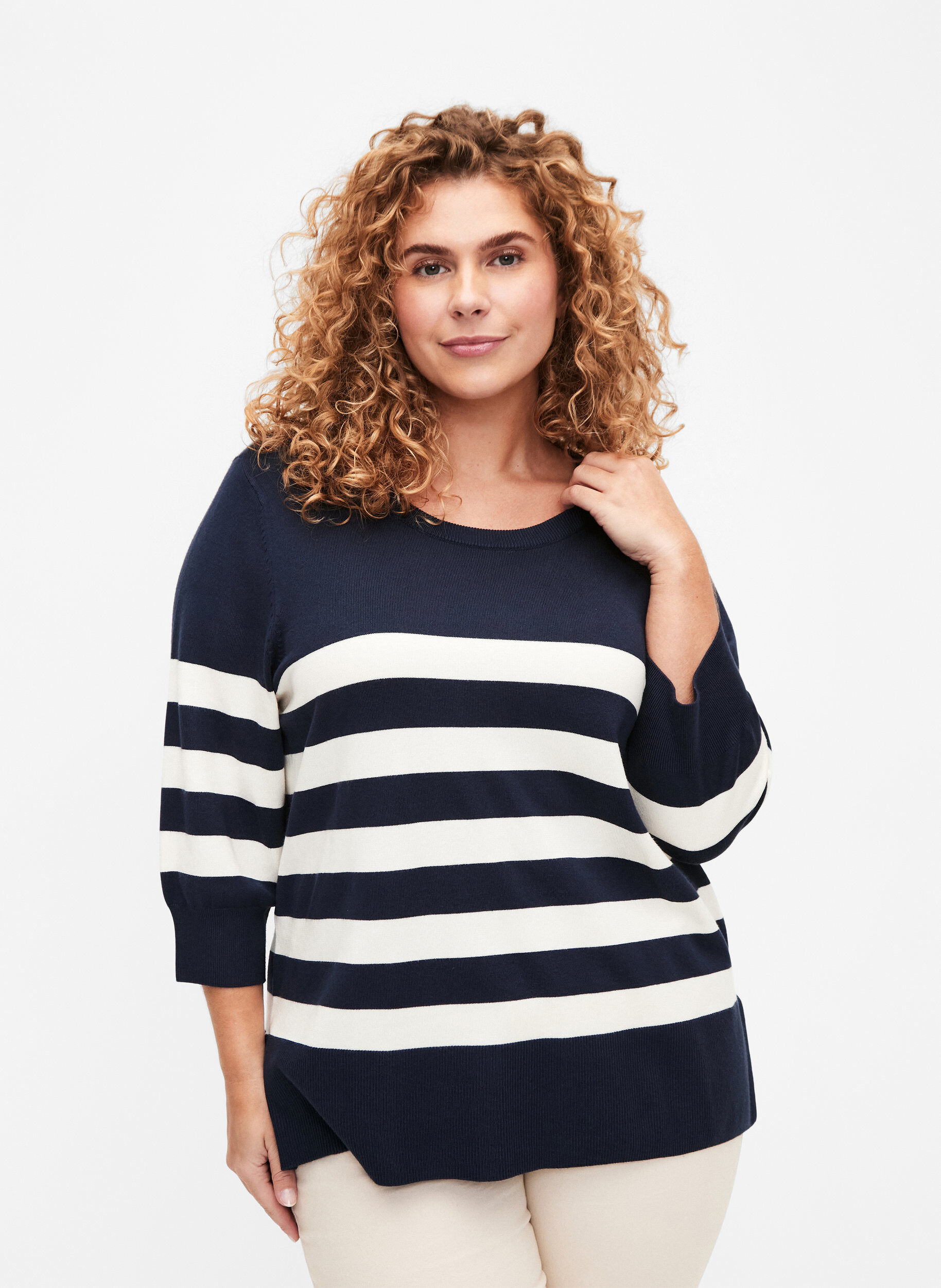 ZizziGestreepte pullover van viscose met 3/4 mouwen, Navy Blazer/Birch, Model image number 0