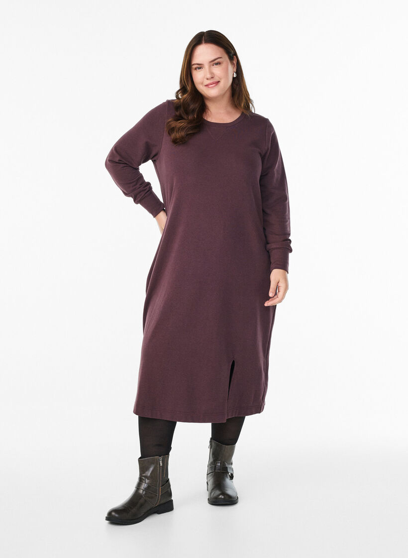 Robe sweat en coton avec des poches, Bordeaux foncé, Model image number 0