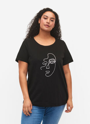 T-shirt en coton avec imprimé scintillant, Black Shimmer Face, Model image number 0
