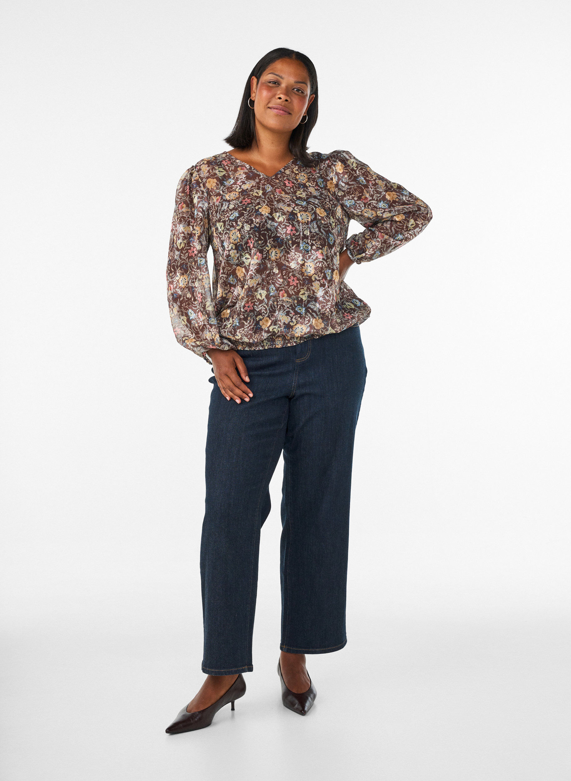 ZizziBlouse &agrave; imprim&eacute; floral et manches ballon, Marron, Model image number 1