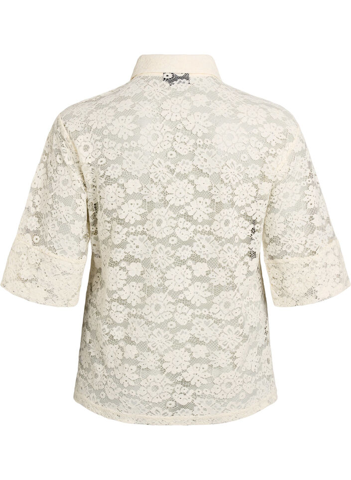Blouse en dentelle avec col et manches 1/2, Vanille, Packshot image number 1