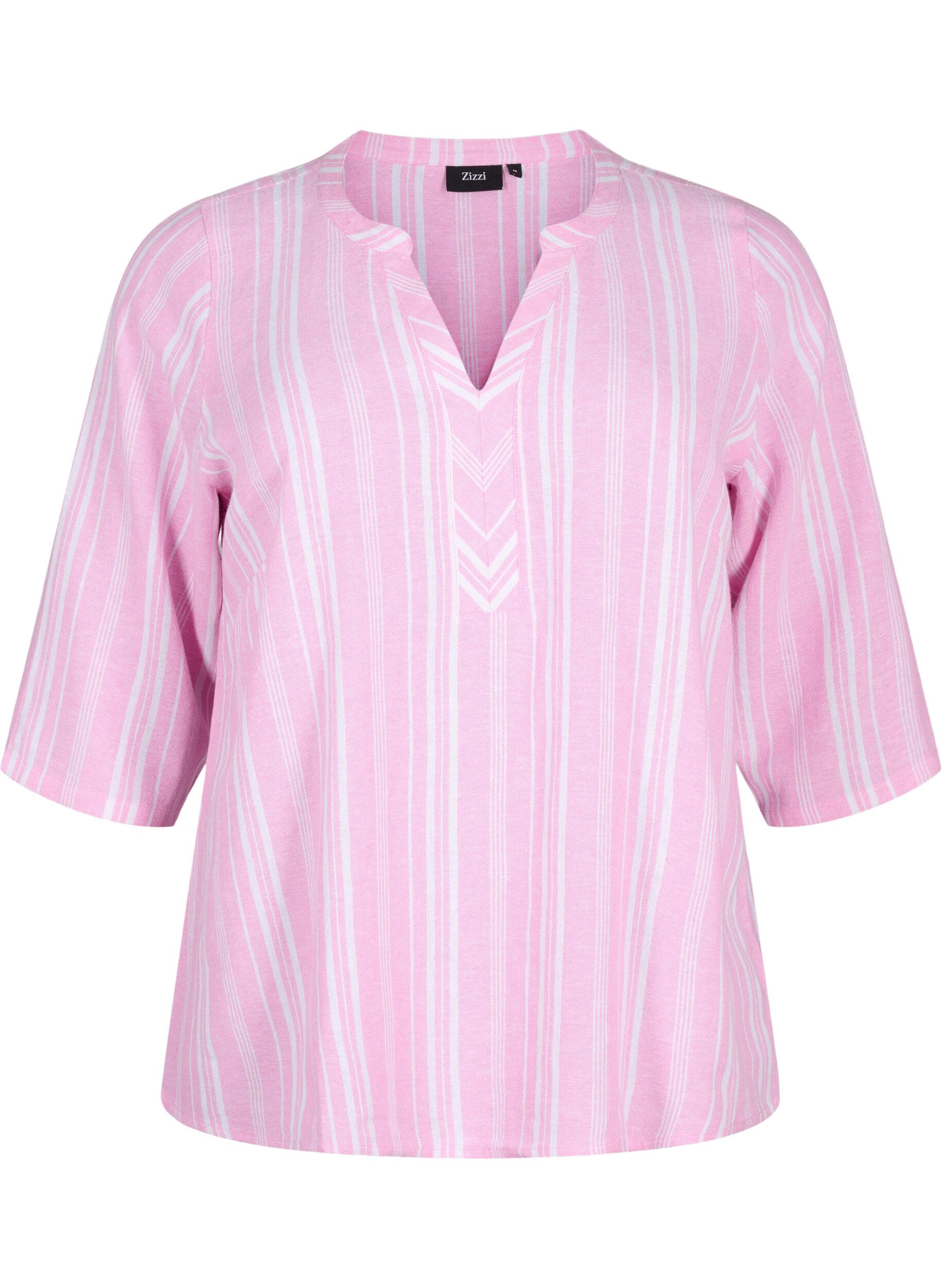 ZizziGestreepte blouse in een mix van linnen en viscose, Roze, Packshot image number 0