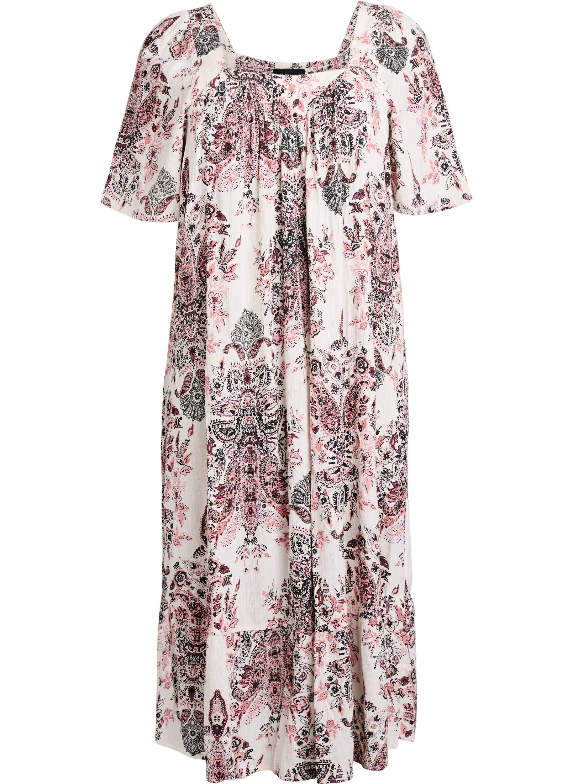 Robe longue avec d&eacute;collet&eacute; carr&eacute; et motifs floraux
