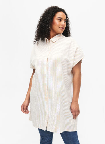 Chemise longue à rayures en coton, White/Natrual Stripe, Model image number 0